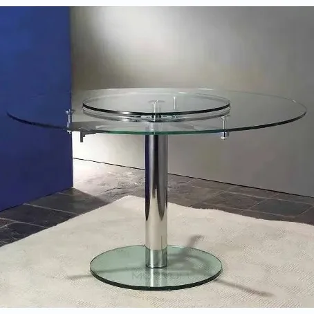 Hot Sale Tempered Glass 12MM Moving  Expanding Round Dining Table With Steel Chromed Frame Base