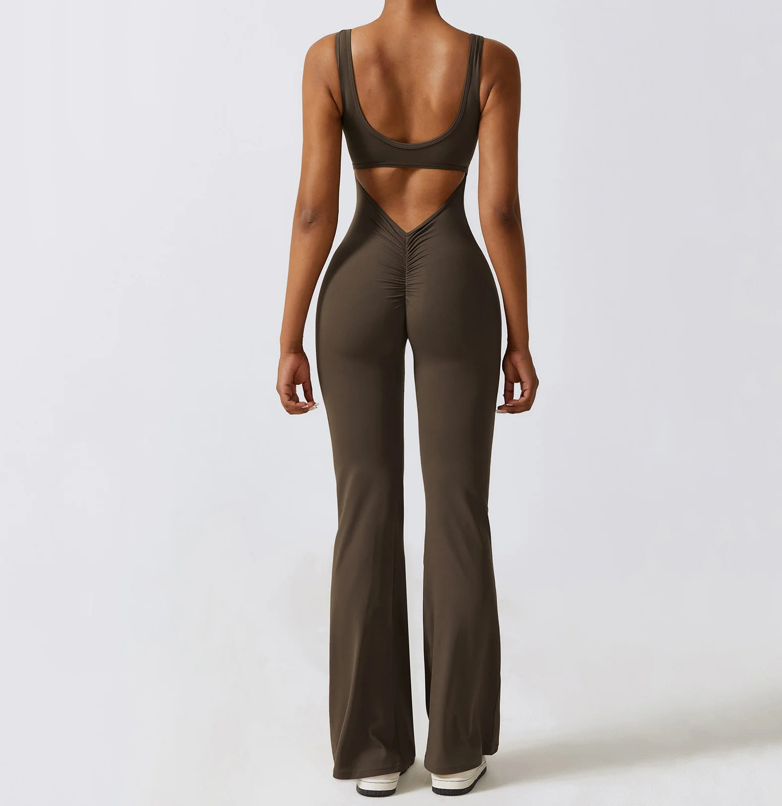 High Quality Elastin Workout Romper Gym Fitness Bodysuits Women v cut scrunch flare pants One Piece Yoga Jumpsuit