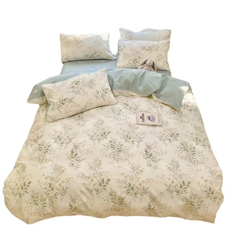 60s 100% Cotton 4 Piece Flannel Sheets Queen Floral Design Soft Breathable Bed Sheets Set