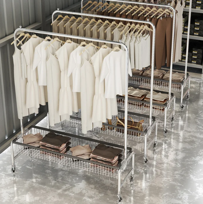 Kainice double layer storage floor hanger clothes organizer rack hotel commercial metal laundry basket cart with wheels