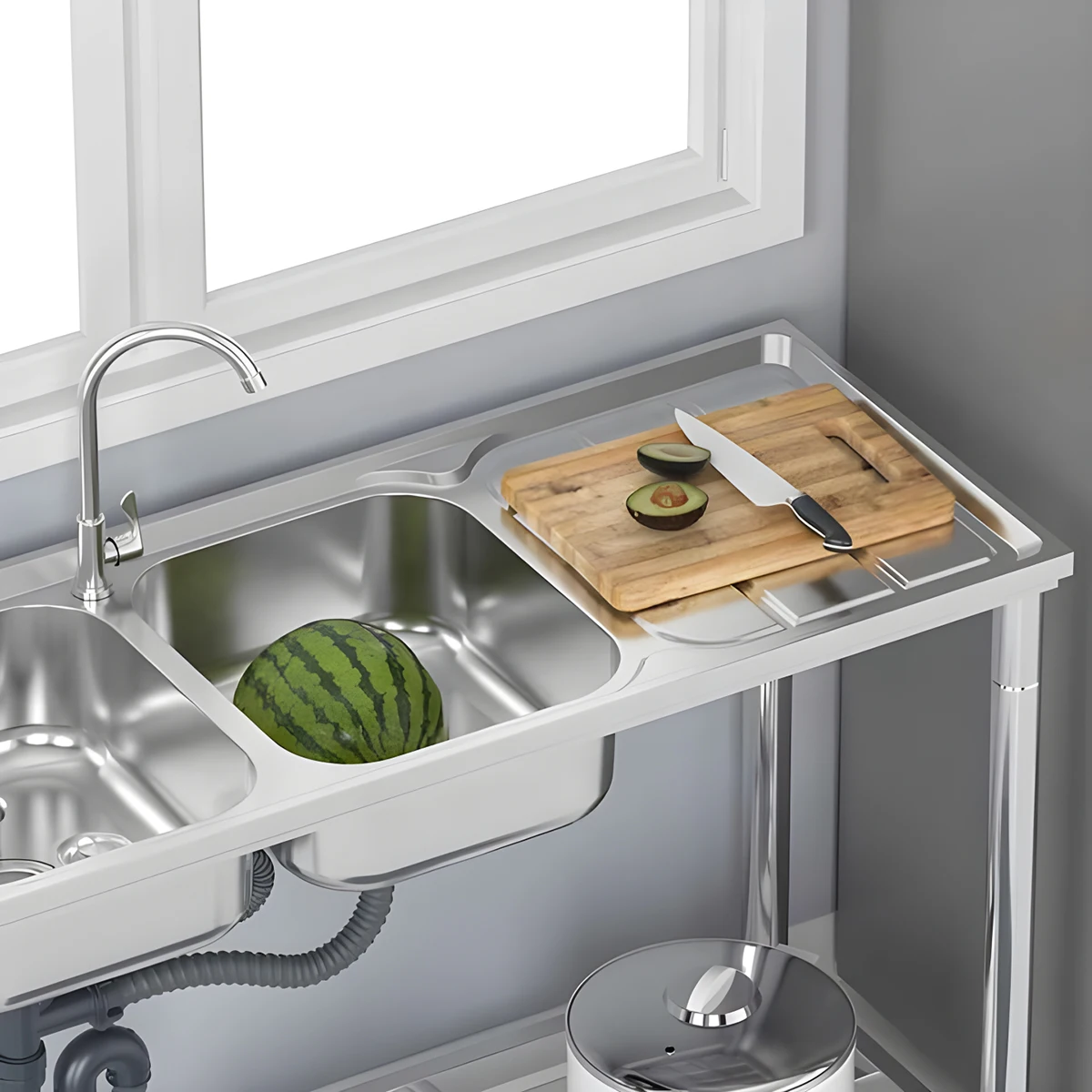 Free Standing Washing Sink Home Used Stainless Steel Sink with Double Bowl and Bottom Storage Shelf