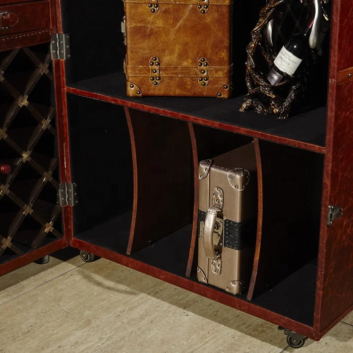 wine cabinet wood tall full top grain leather 2doors living room whisky display cabinet for hotel VIP room villa house