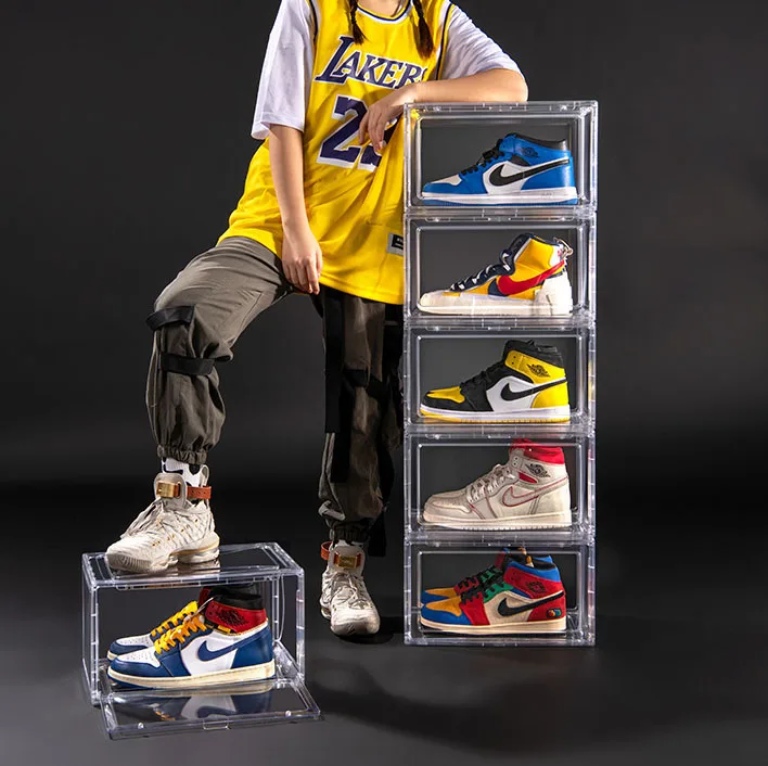 Hot Side Open Door Stackable  Sneaker Organizer Case PTE clear Transparent Basketball Shoe Display Storage Box