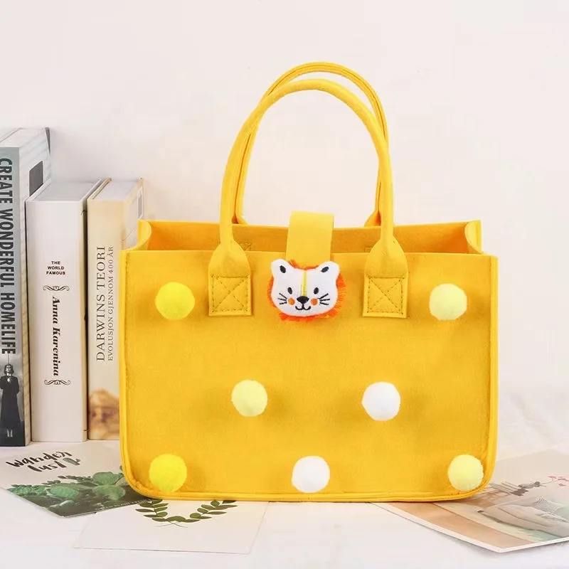 Upin Tote Bag Casual Cute Pink Yellow Cartoon Decor Felt Baby Diaper Caddy Bag