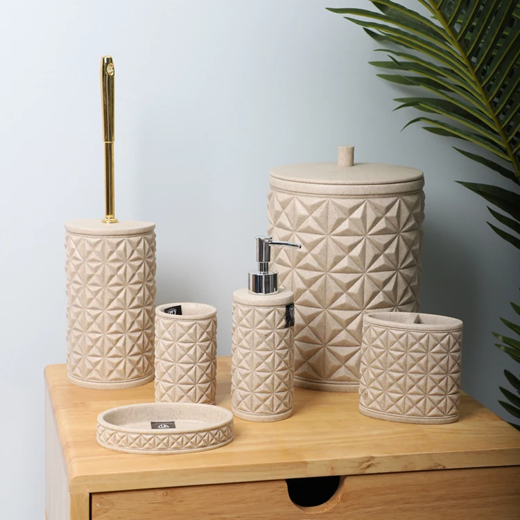 
Graceful pattern embossed hotel decorative moden toothbrush holder 6 pieces ceramic luxury bathroom set 