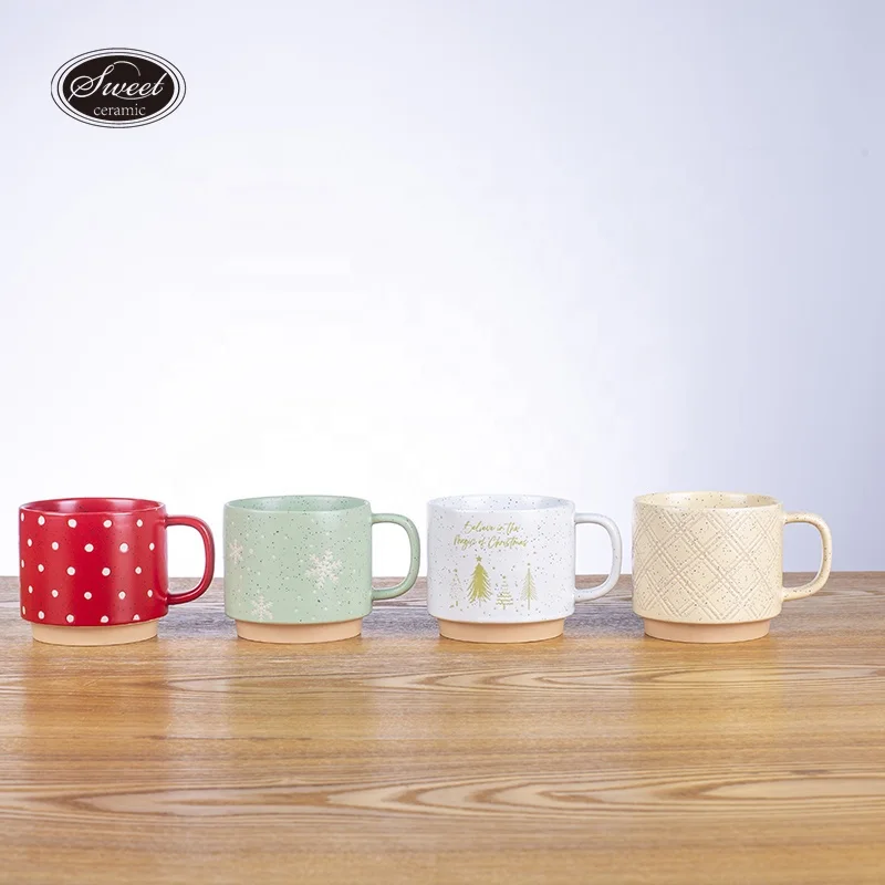 2024 new design  christmas decoration items 16oz popular silk debossed printing   white ceramic coffee mug