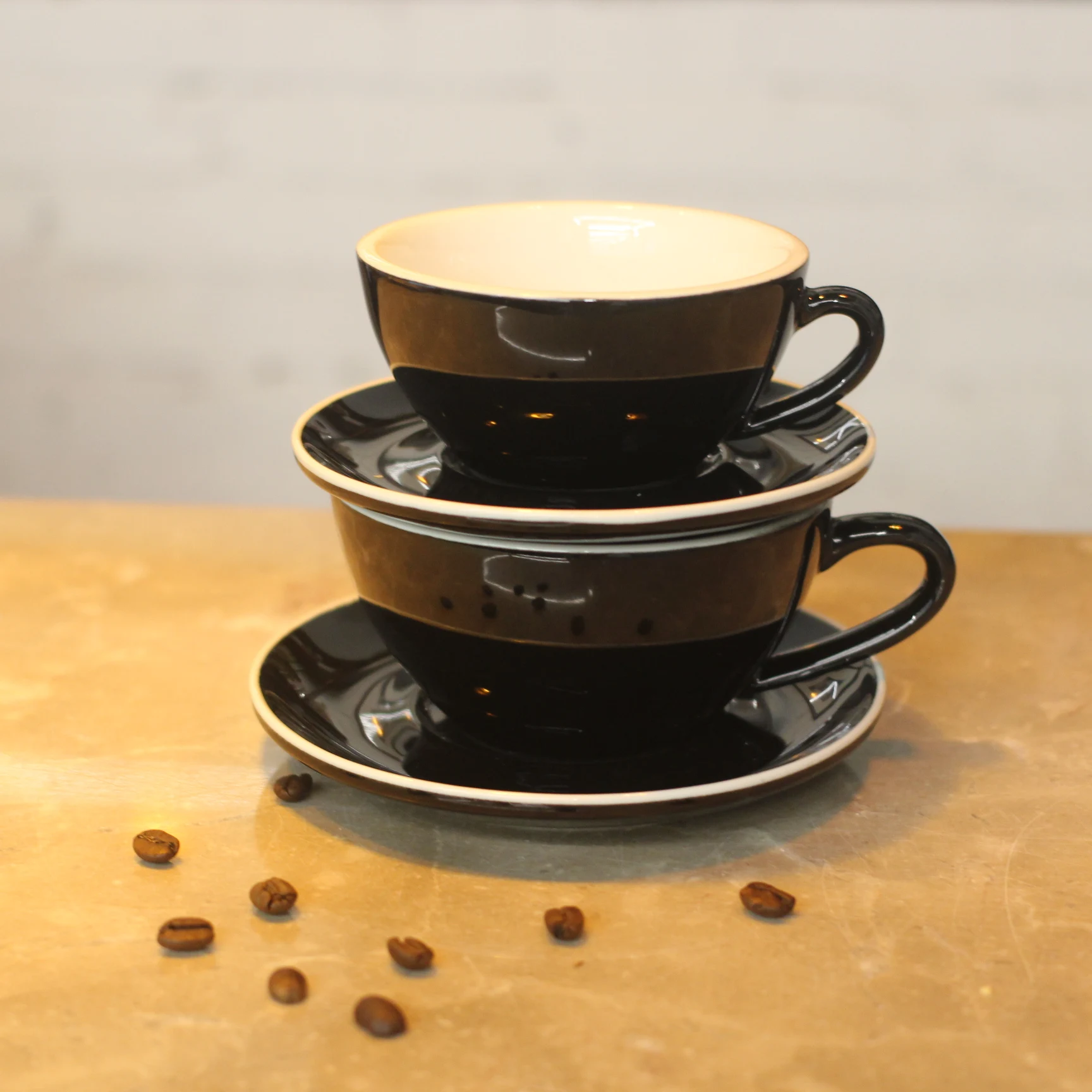 Black Color Ceramic Coffee Cup And Saucer With White Border Porcelain Latte Cappuccino Cups And Saucers For Cafe