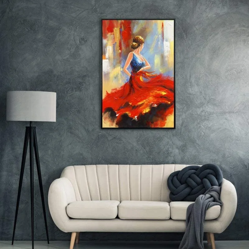 Modern Framed Wall Art Flying Skirt Artwork Dancing People Handmade Oil Paintings on Canvas for Home Decor
