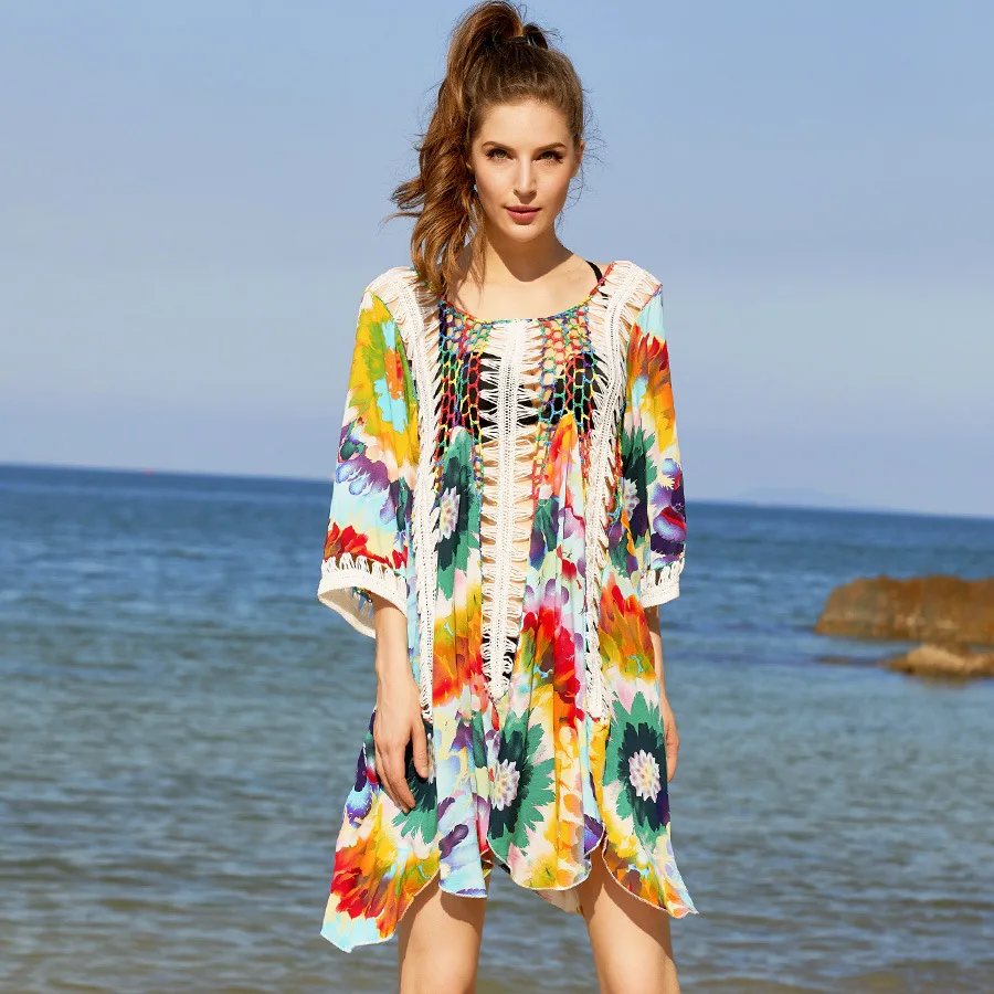 Factory Kaftan Micro Bikini Sarongs Floral Beachwear Pareo Floral Printed Printed Flowers Cover Up