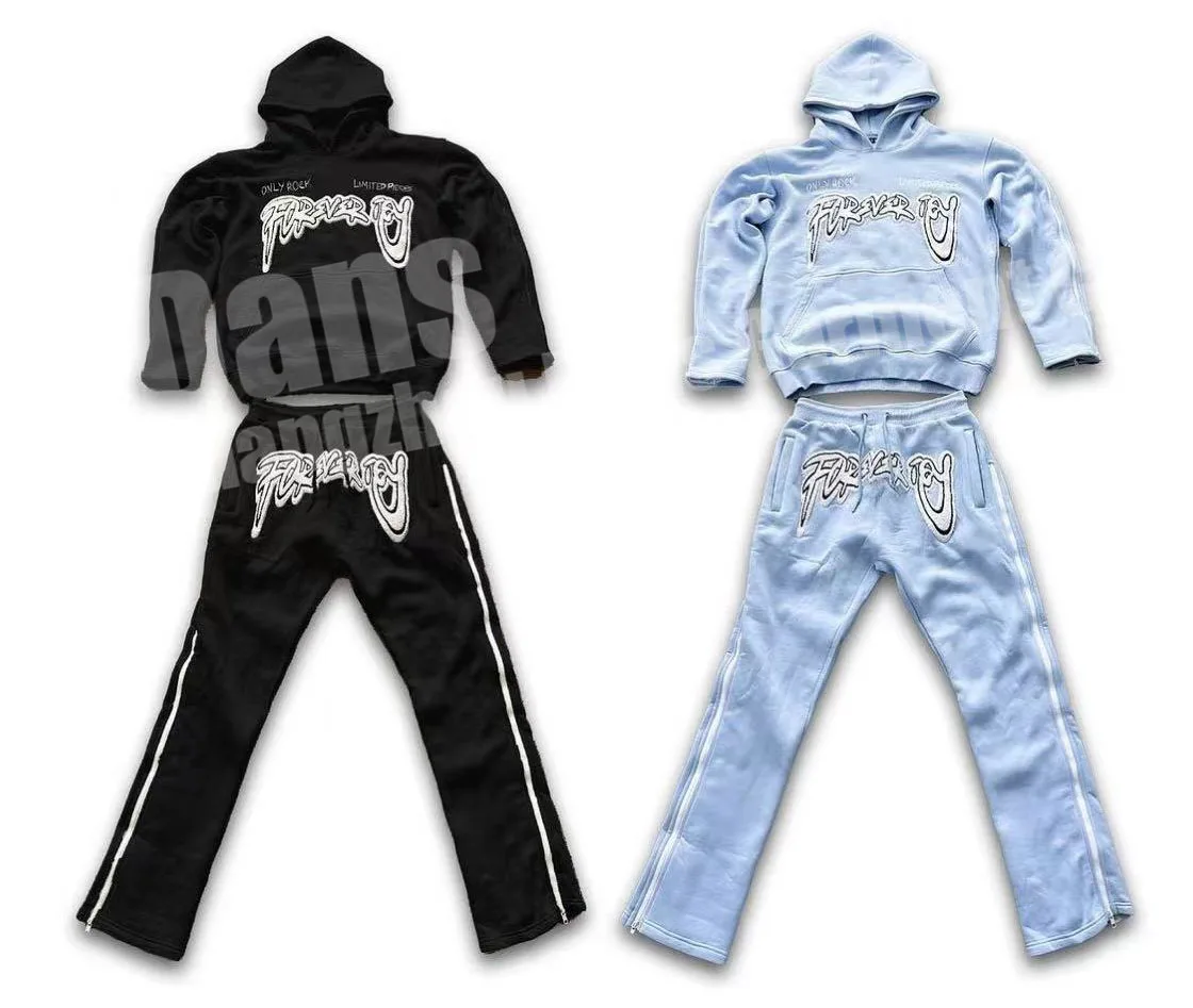 Custom Sweat Pants Sweatsuit Chenille Embroidery Jogger Tracksuit Fleece Cotton Stacked Flare Sweatpants And Hoodie Set For Men