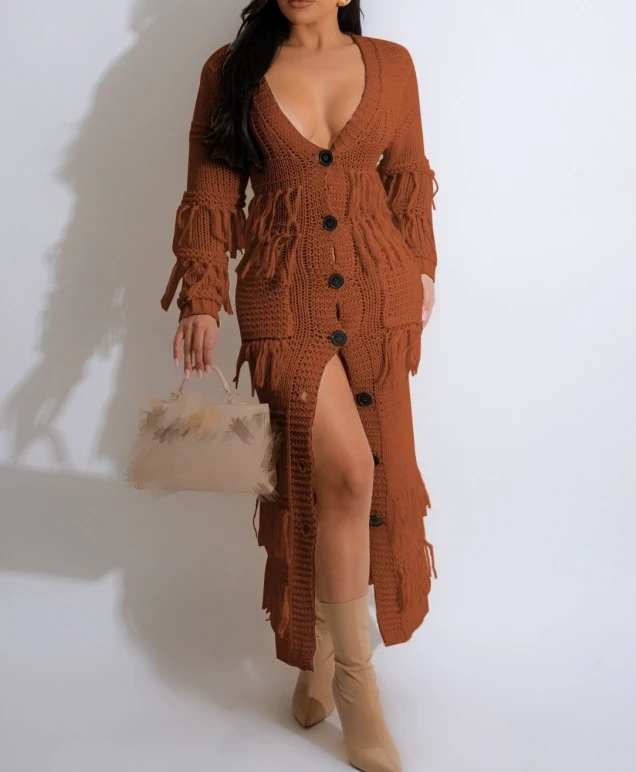 2024 Autumn Winter Long Sleeve Knitted Long Dresses For Women V-neck Tassel Pockets Single-breasted Party Club Sweater Dress