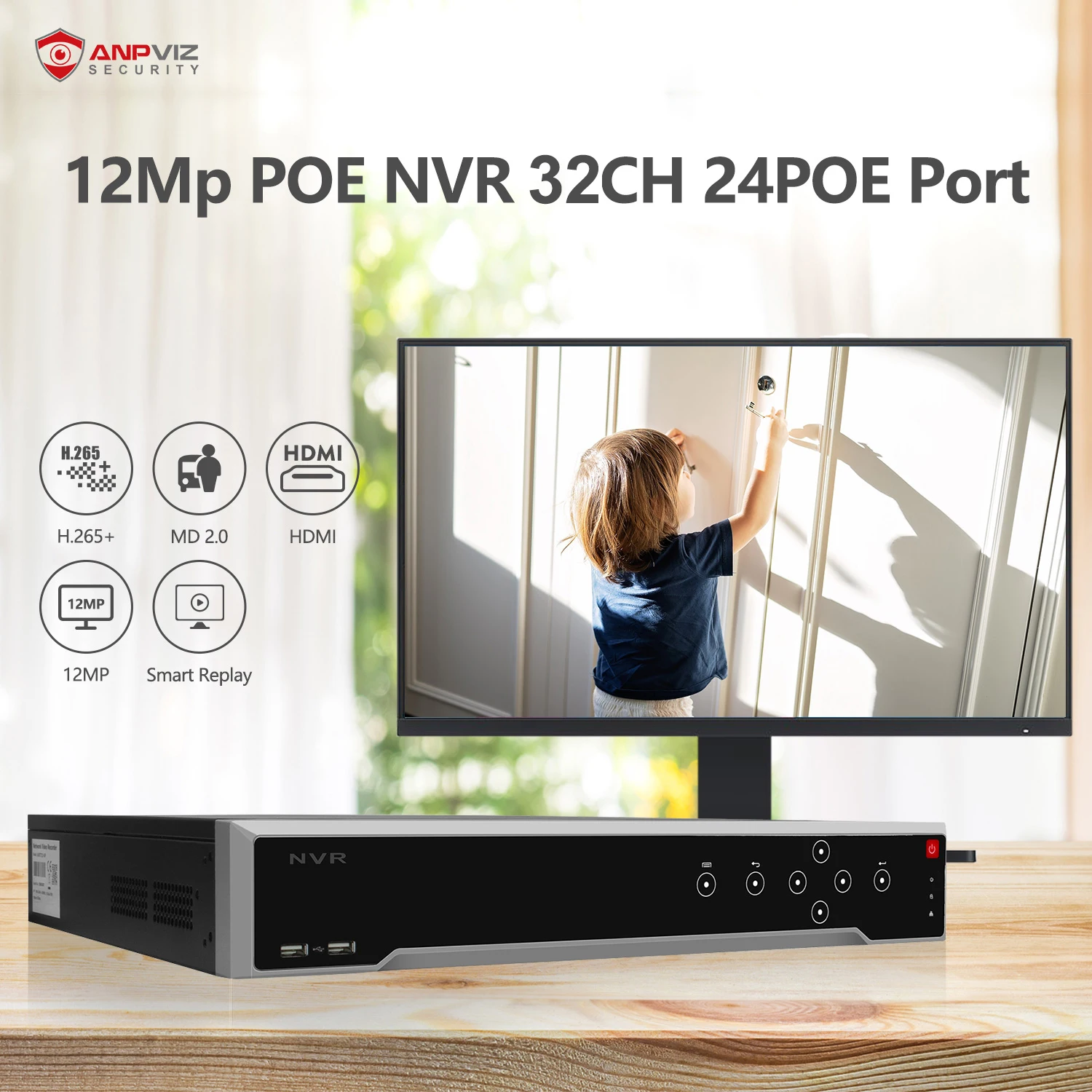 Anpviz 12MP POE NVR 32Channel 24POE Ports 4SATA Interfaces Max 40TB Capacity support AI Motion Detection 4K video output