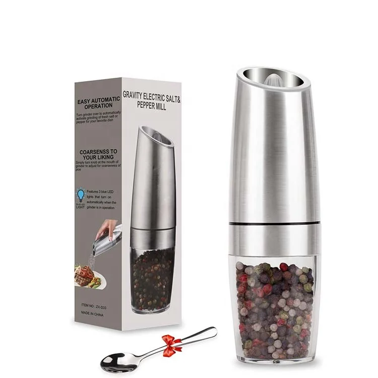 
Household Portable Kitchenware Automatic Pepper Or Salt Grinder With Blue Light Stainless Steel Transparent Visible grinder 