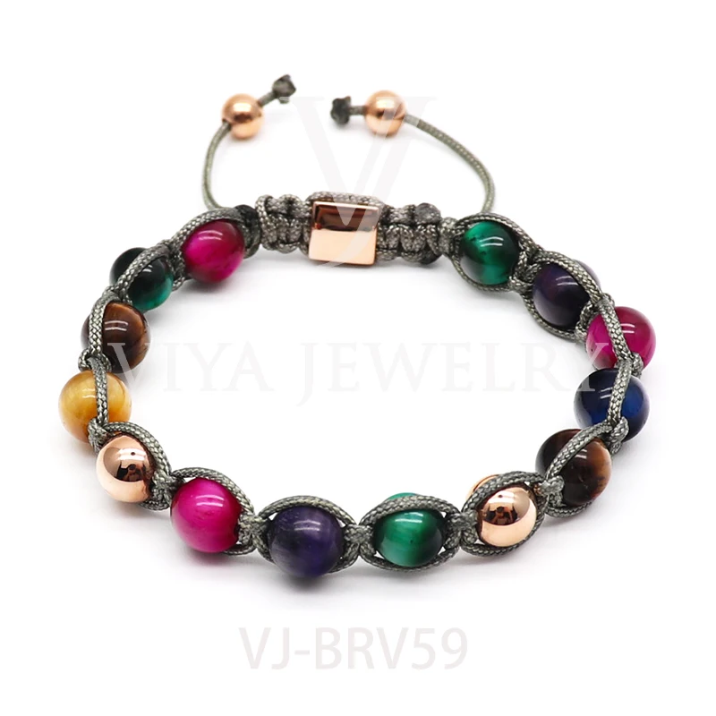 Elegant 8mm Red Green Yellow Blue Tiger Eye Charm Bracelet Black Natural Stone Beads Bracelet