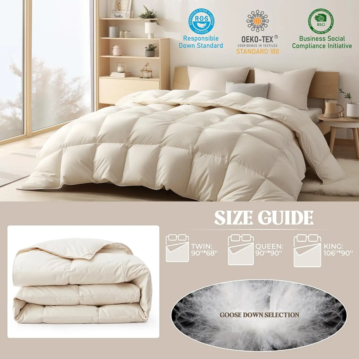 Goose Down Comforter Queen Size Fluffy Goose Feather Down Duvet with Organic Cotton Shell Luxury Down Comforter for All Seasons