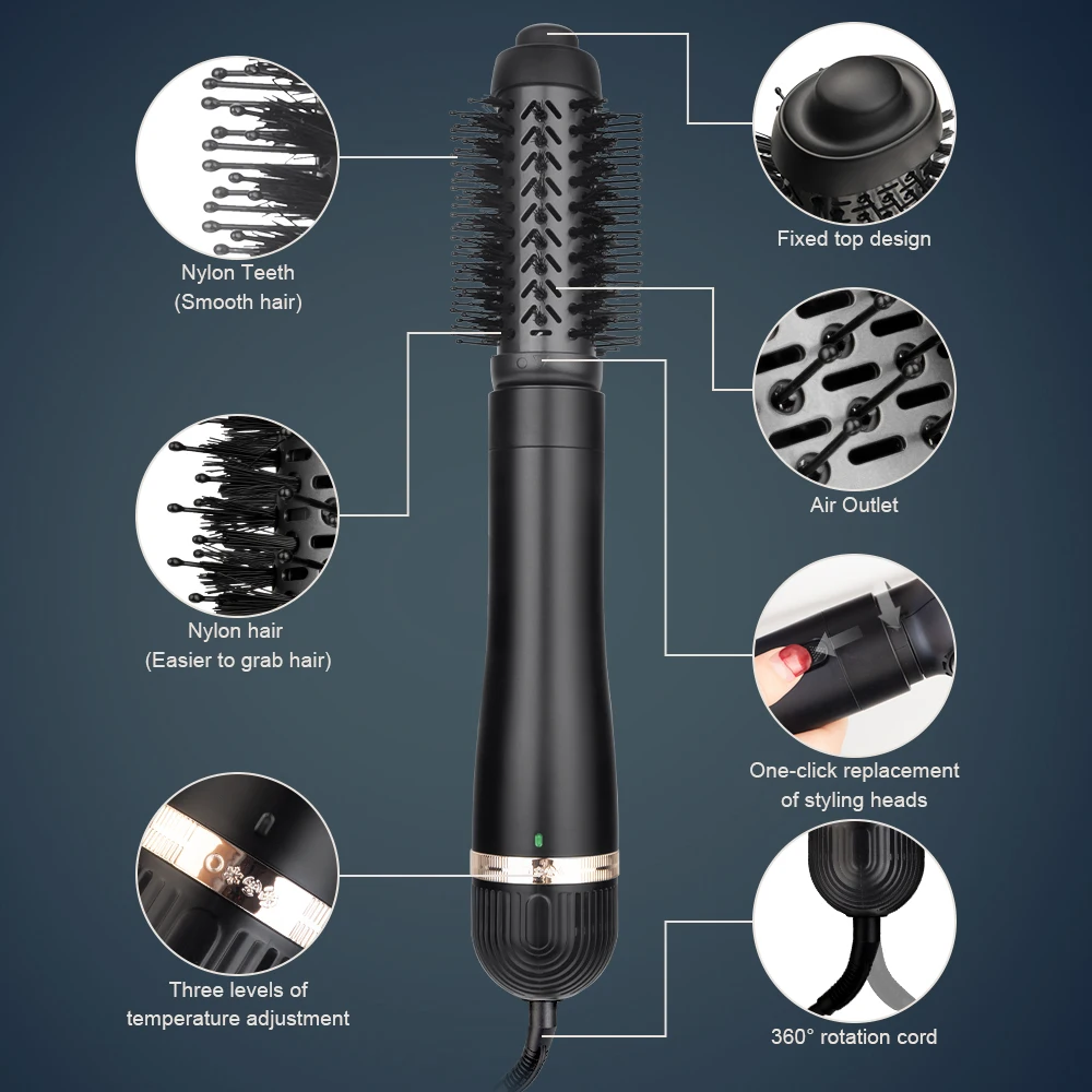 Professional private mode detachable 3 in 1 round thermal brush metal 1200W Hot Air Styler Blow Dryer Brush