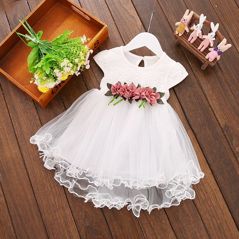 Wholesale OEM toddler girls one piece fashion baby dress flower decoration frock one year old birthday party dress