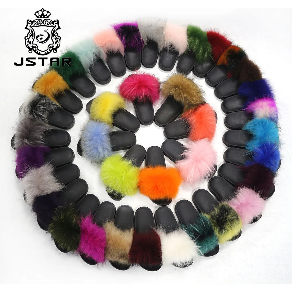 Wholesale women fur slippers furry slippers real fur sandals raccoon fur slides