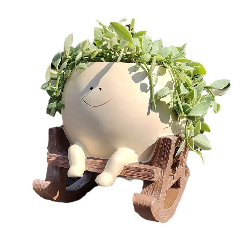new decorative handicraft rocking chair cute garden plant succulent happy face smile smiling flower pot