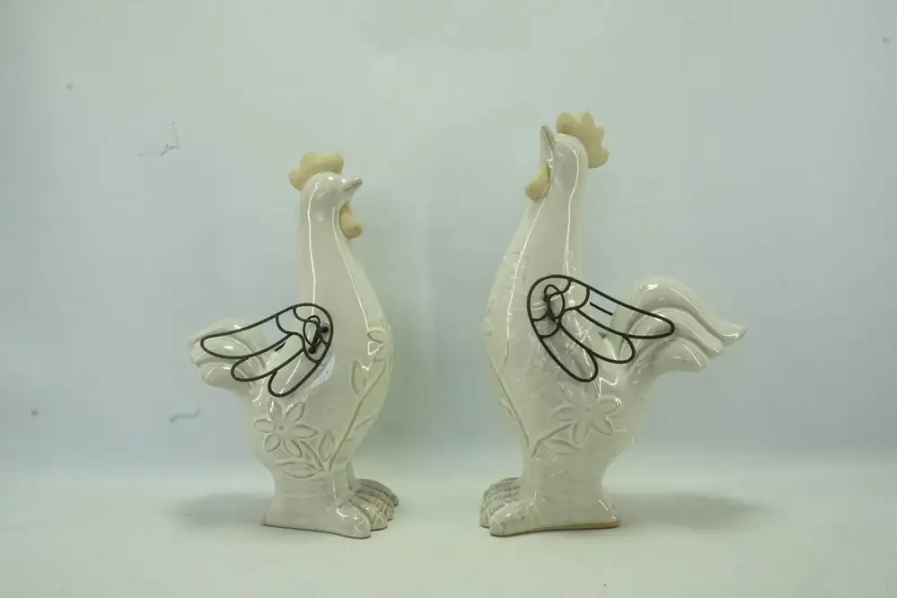 Pristine White Ceramic Cock Pair, Ornate Tail Feather Design, Kitchen Adornment