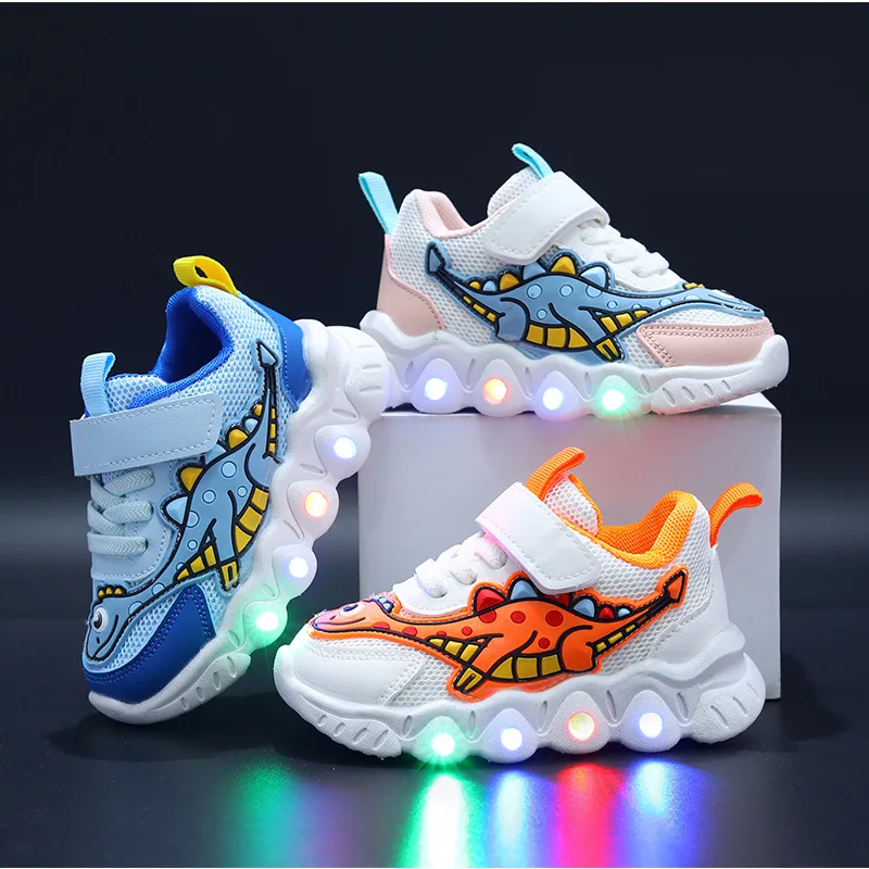 2023 Spring Trendy Cartoon Dinosaur Sneakers Breathable Mesh LED light Casual Shoes for Boys and Girls with Eva Insole