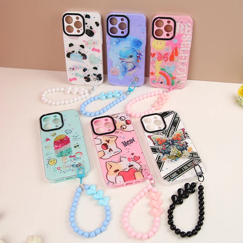Wholesale Factory price PC + silicone 2 in 1 precision hole Epoxy painting heart design bracelets phone case