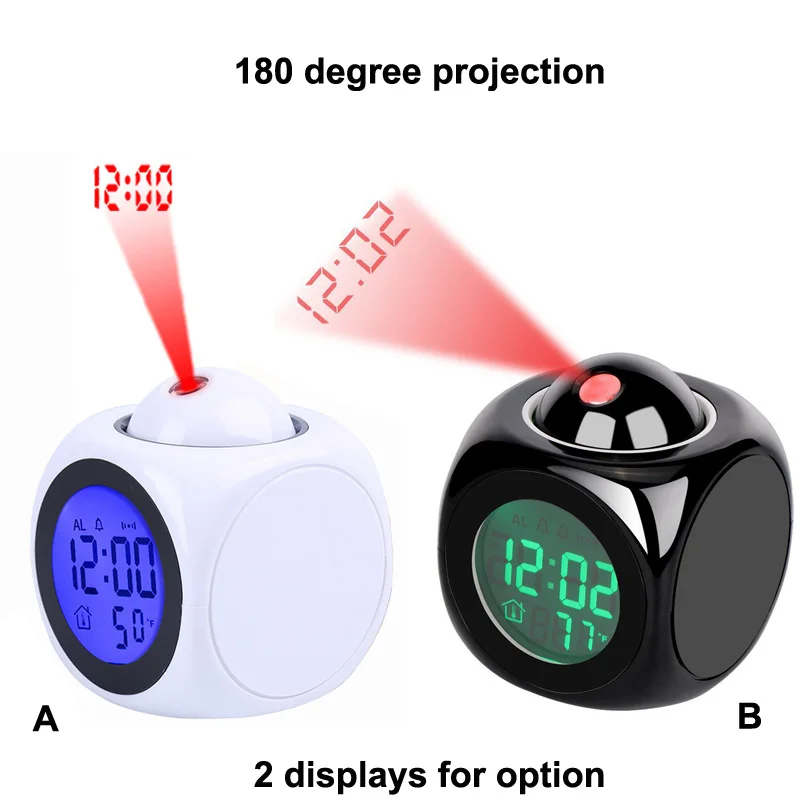 Funny EN ES Languages LCD display time 180 degree rotate talking projection alarm clock