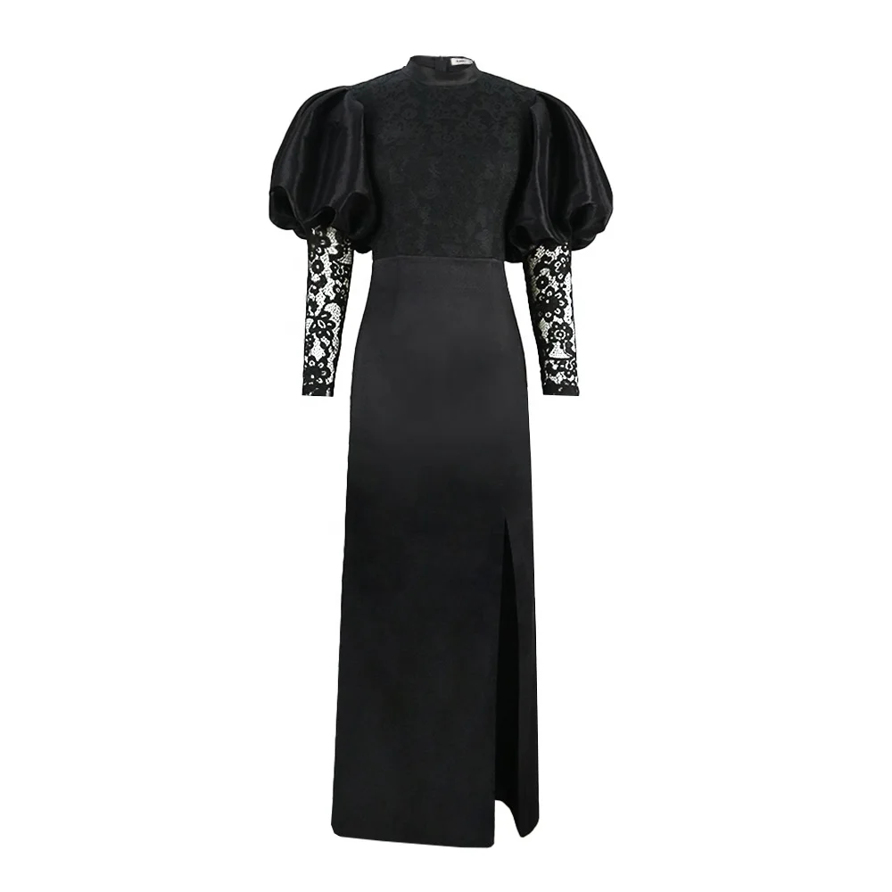 2023 new Lace Lantern Sleeve slit black dress for women