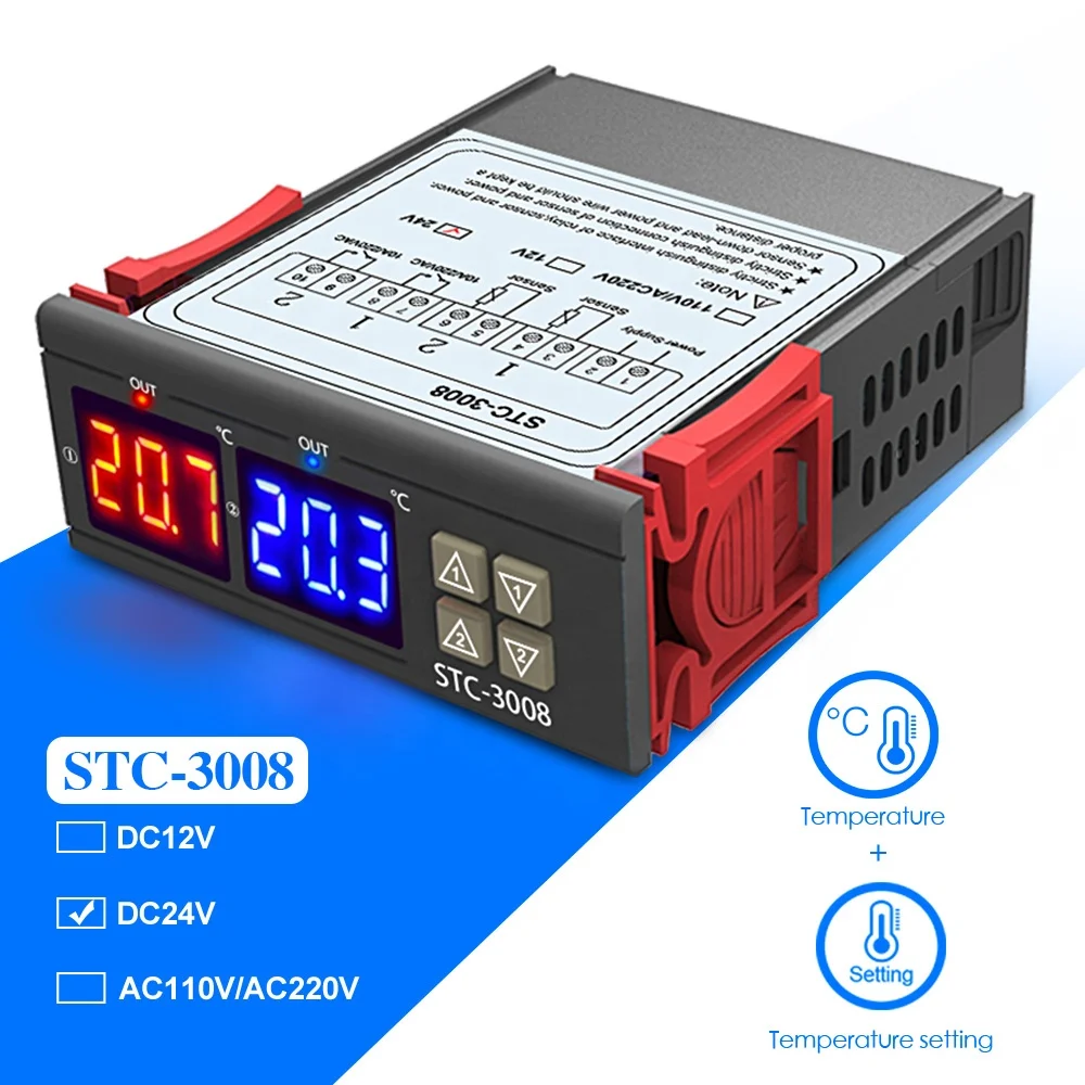  STC-3008 двойной светодиодные цифровые трубки термометр DC 24V регулятор температуры термостат NTC датчик Выход