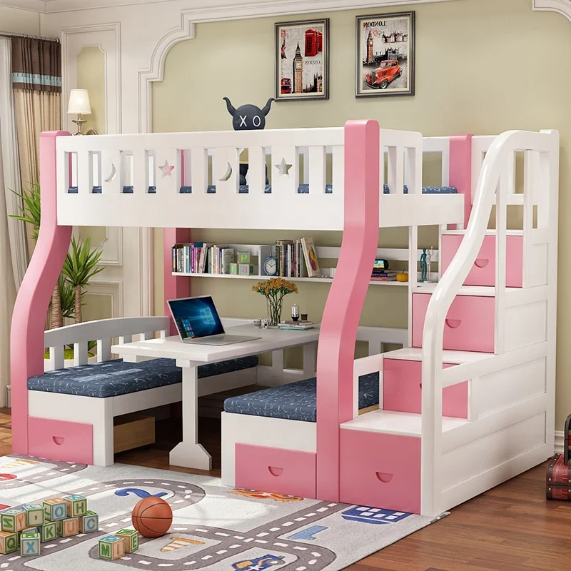 
China manufacturer kids girls children bunk pink loft bed with storage study desk slide 