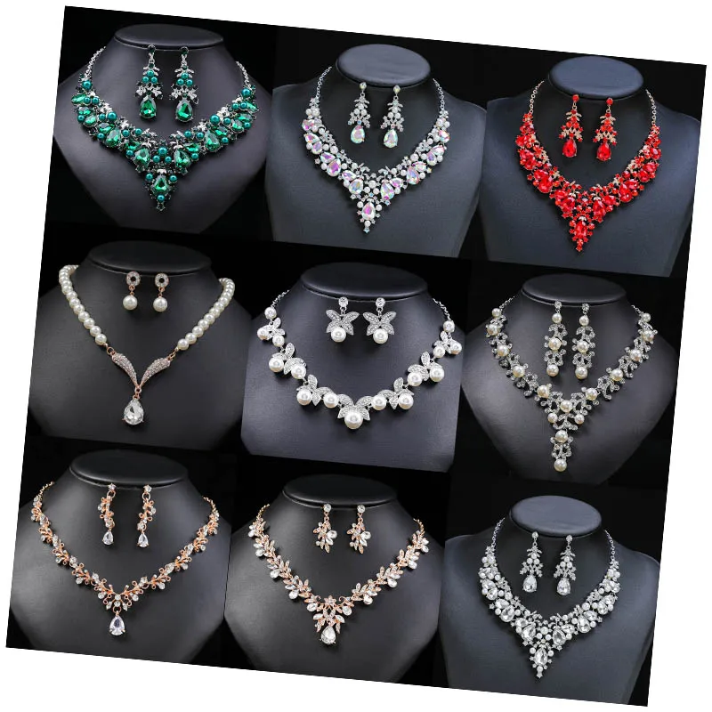 High Quality New Style Wedding Pearl Crystal Necklace Earrings Jewelry Sets
