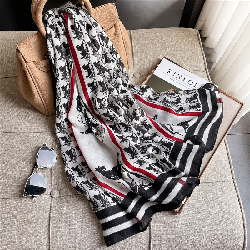 2022 Luxury Women Spring Fashion Horse Carriage Printed Designer Cotton Linen Shawl Scarves Hijab Long Scarf