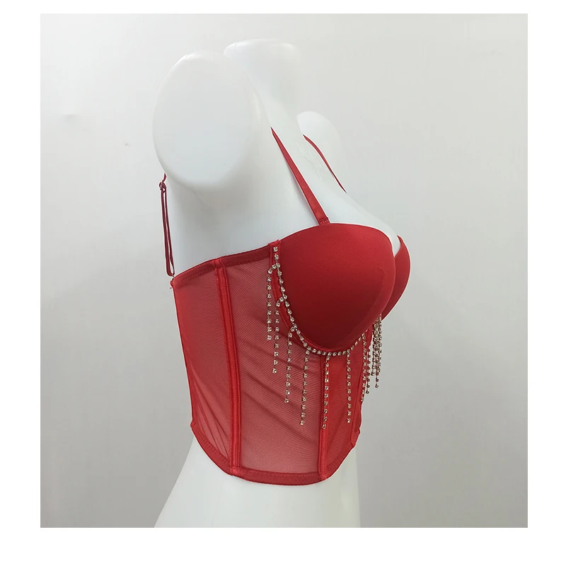 Custom Ladies rhinestone red mesh corset top lingerie women high quality push up bra bustier top