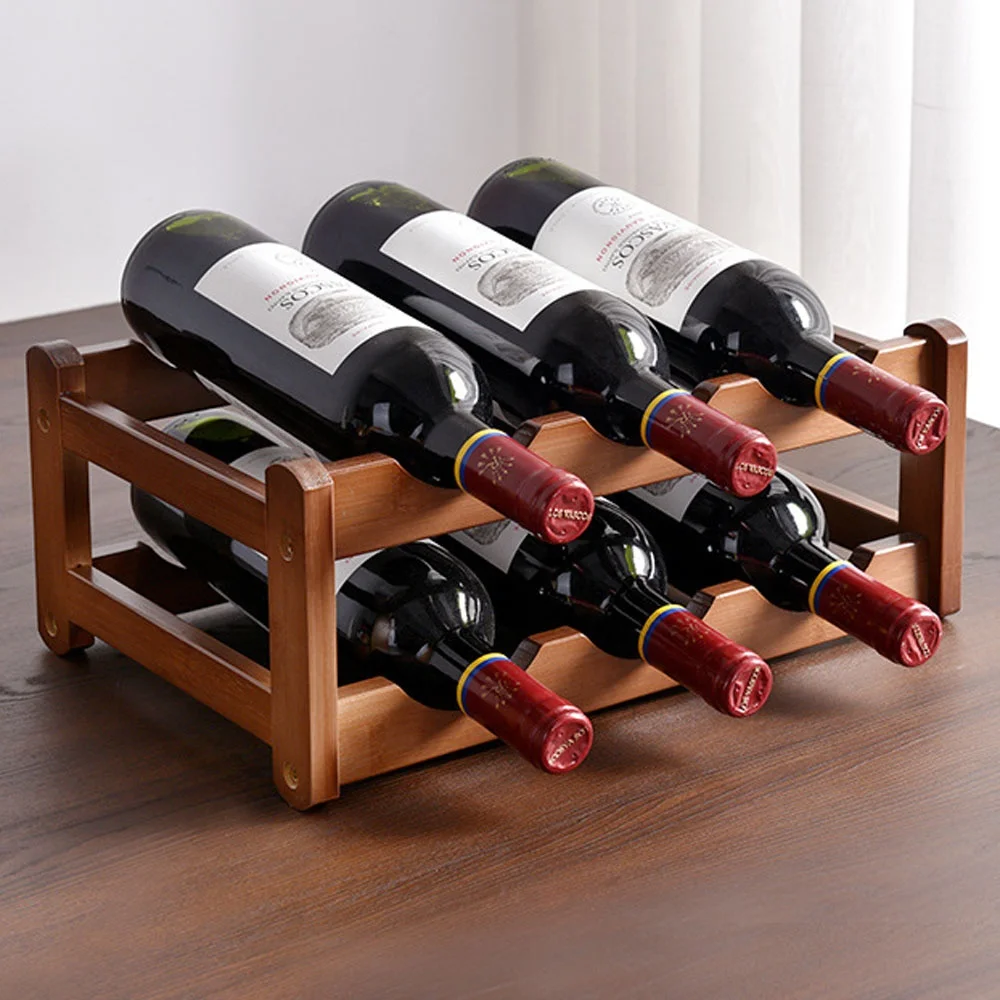 Free standing commercial wood bamboo storage shelf 2 tiers 6 bottle wooden wine racks