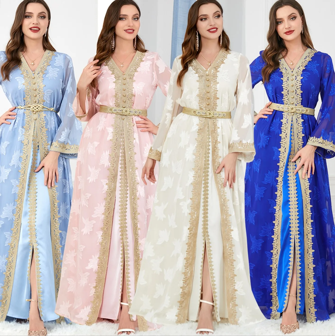 Dubai Luxury Abaya Eid Muslim Wome Gold Embroidery Modern Abaya Kimono Designs V-Neck 2 Pieces Set Elegant Maxi Dress
