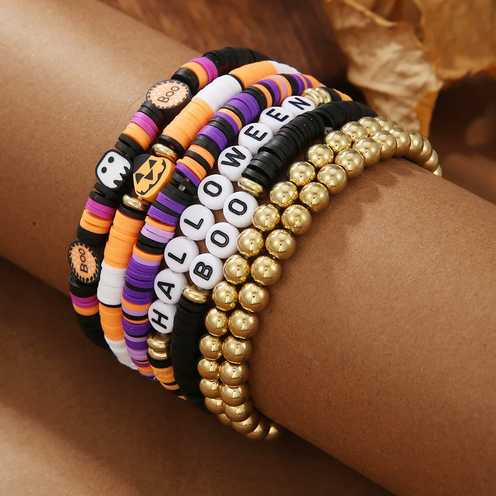 New Spider Skull BOO English Letter Bracelet Halloween Pumpkin Soft Clay Bracelet Set