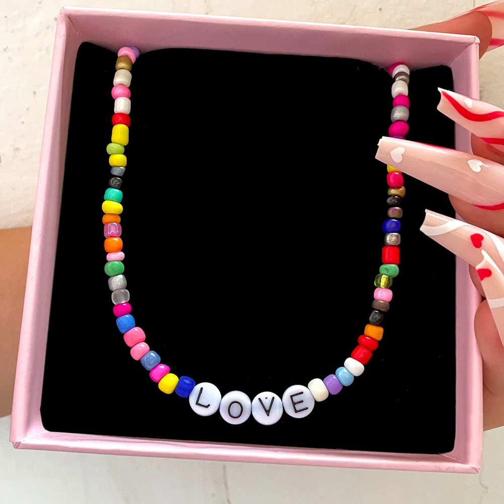 Stylish Lovely Colorful Acrylic Beaded Jewelry Creative Letters Clavicle Chain Necklace For Women