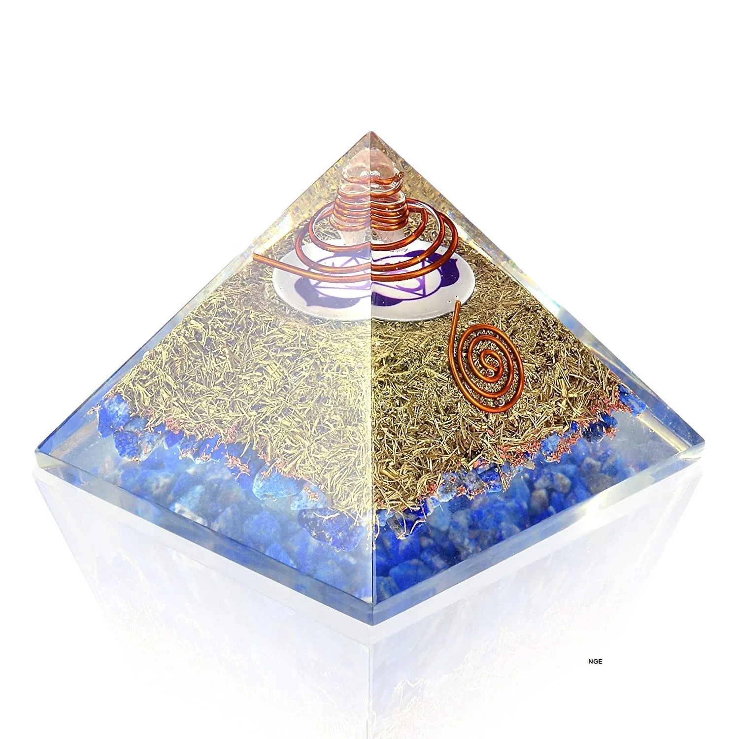 Orgone Pyramid Energy Generator Third Eye Chakra Symbol Orgonite Lapis Lazuli Crystal Pyramid with Brass Metal