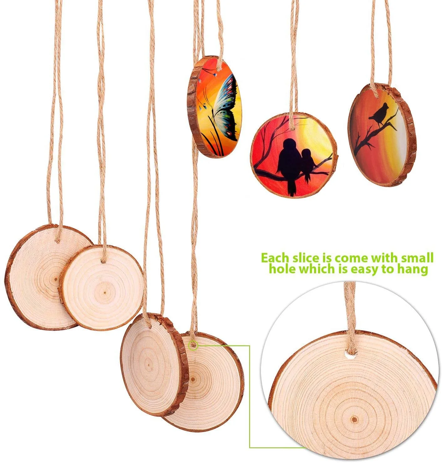 Tailai 2.36-3.93 IN Unfinished Natural Pine Wood Slice with Hole Wooden DIY Round Crafts Homemade Ornaments House Decoration