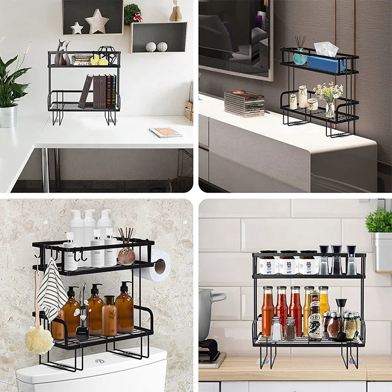 Over The Toilet Storage Shelf, 2-Tier Bathroom Organizer Shelf Bathroom Shelves Over Toilet with 4 Hanging Hooks,black
