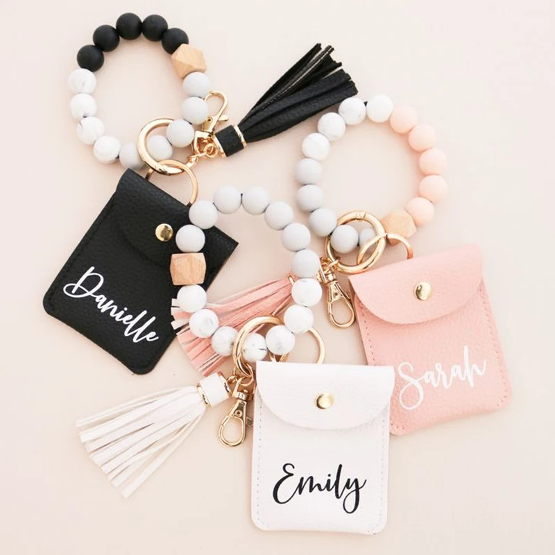 Women Fashion Money Bag Wallet Card Bag Keychain Wristlet PU Leather Tassel Key Ring Silicone Bead Bracelet Card Holder Pouch