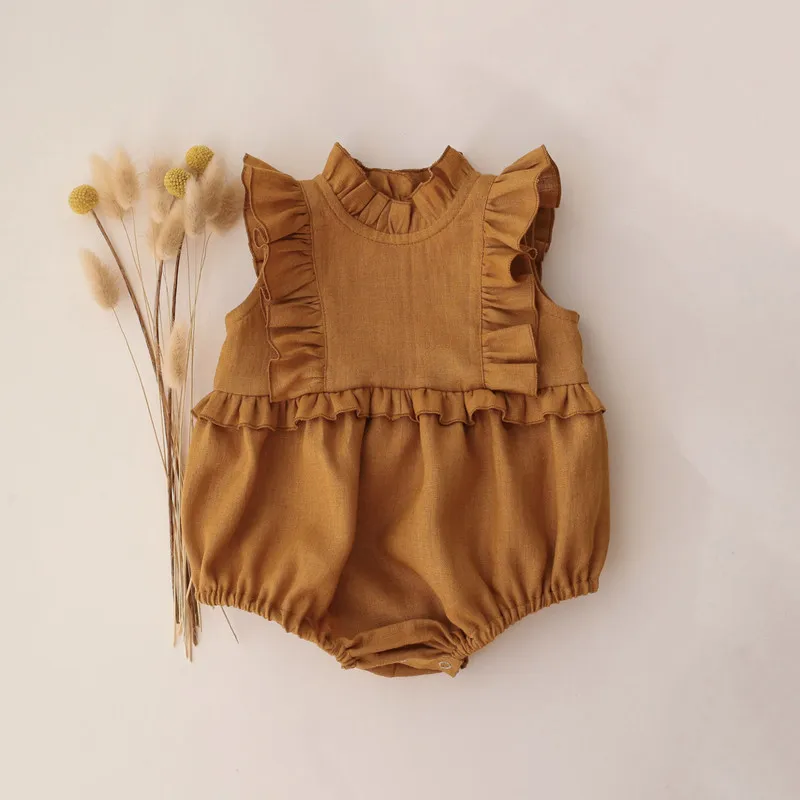 2023 Summer Linen Cotton Newborn Baby Girl Sleeves Ruffles Romper Suits