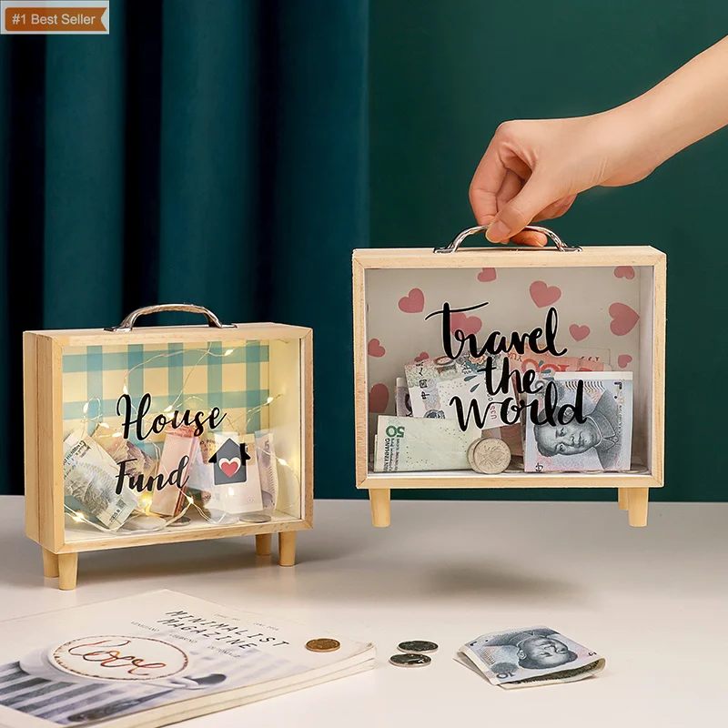 Cute Cartoon Camera Shape Transparent Piggy Bank Money Saving Box Nordic Style Wooden Money Boxes Kids Toy Coin Storage Box Cans