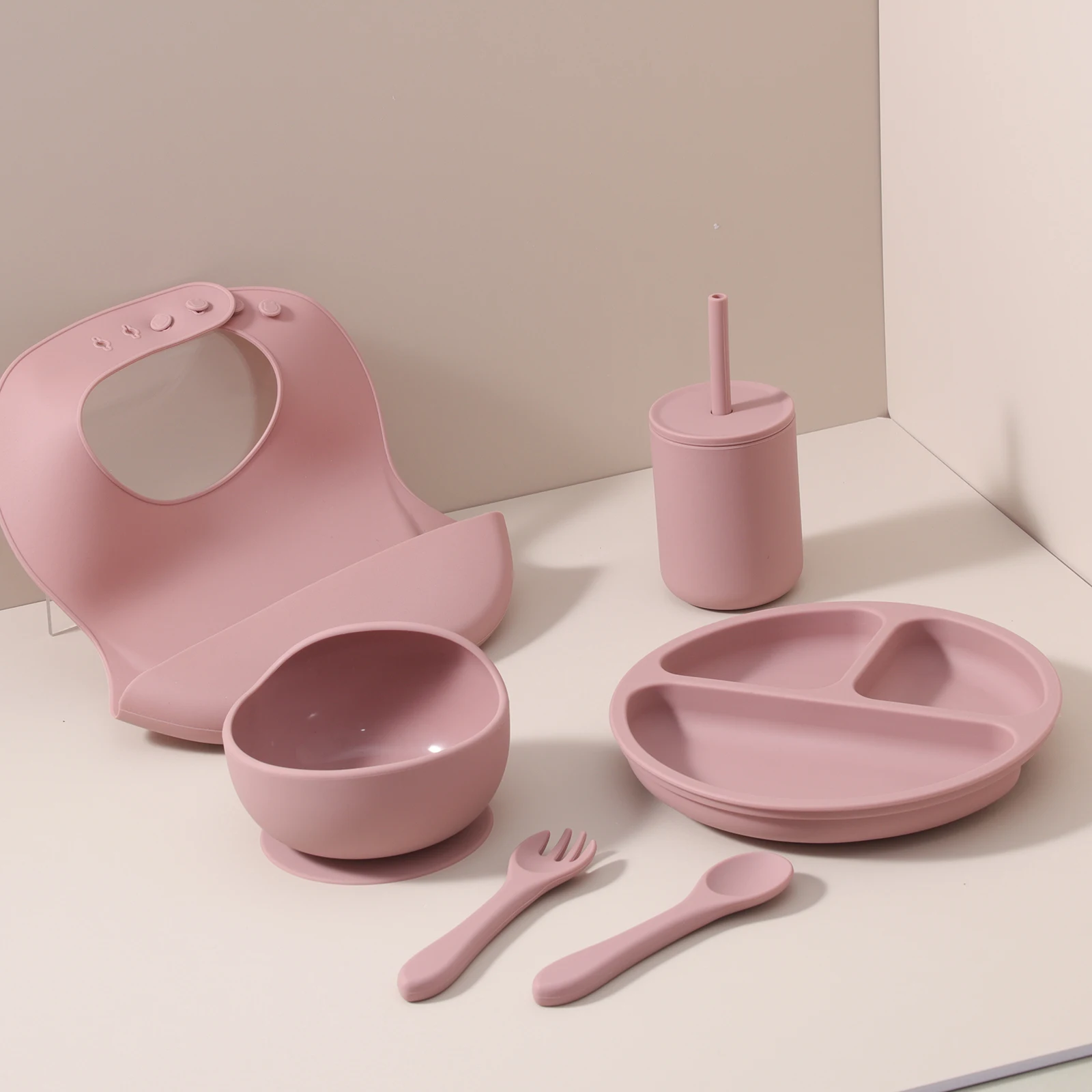 Kids Toddlers Weaning Eating Set Food Grade Silicone Baby Feeding Dinner Tableware Baby Bowl Plates Suction Spoon Fork Weaning