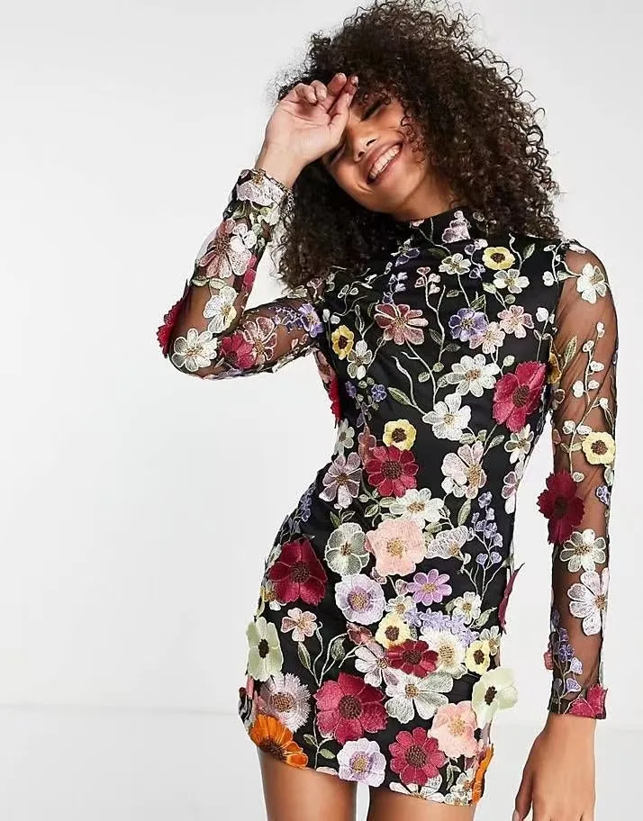 Hot Sale Printed Embroidery Women Midi Floral Dress Long Sleeve Evening Elegant Luxury 3D Flowers Dress