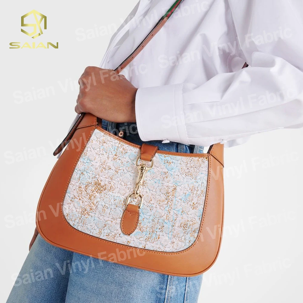 1.2MM Metallic Gold Foil Pattern Prints PVC Synthetic Leather Woven Textured Embossed Artificial Fabric Leather For Bags