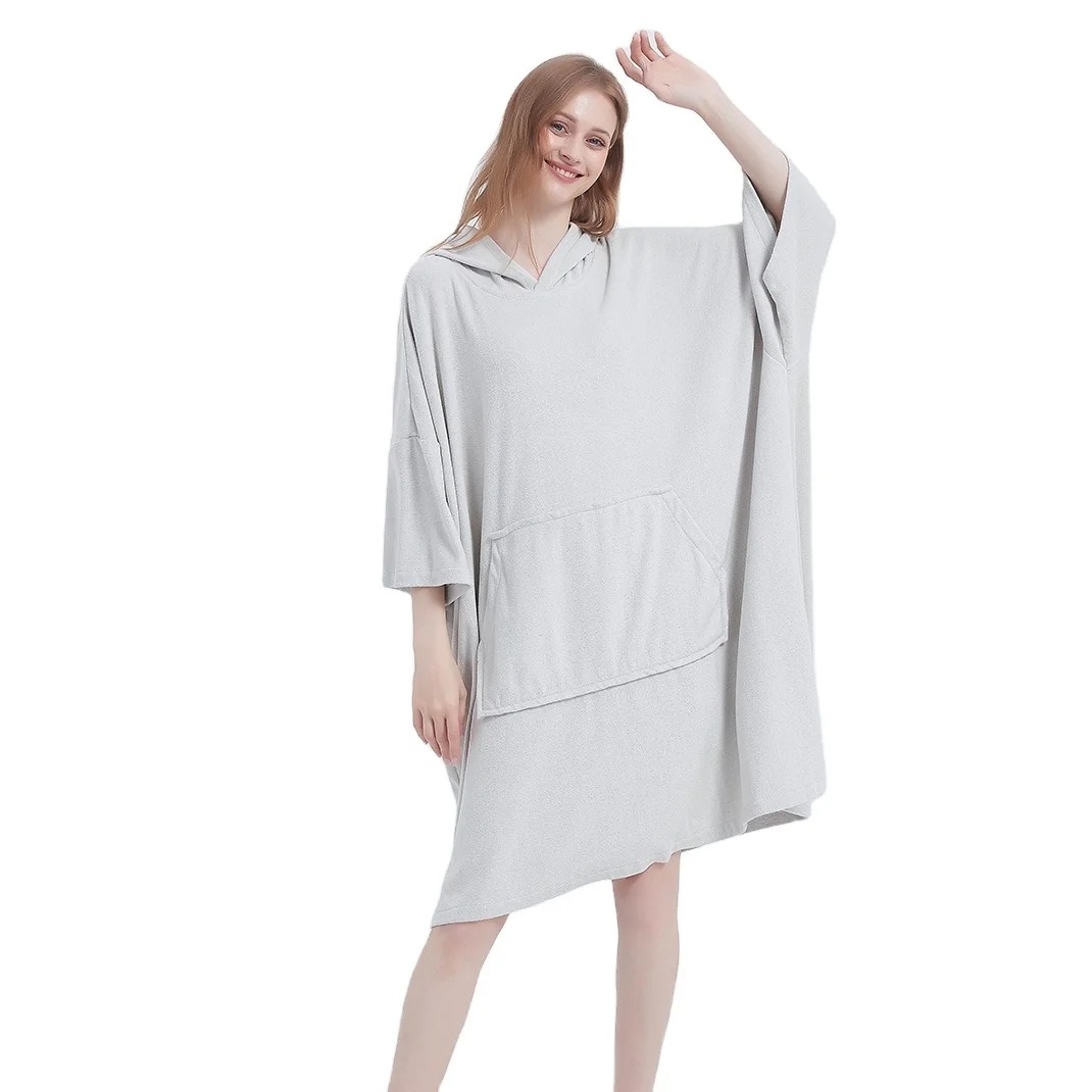 Custom Logo Design Grey Outdoor Beach Sports Swimming Changing Hoodie Robe Hooded Poncho Towel with Pocket