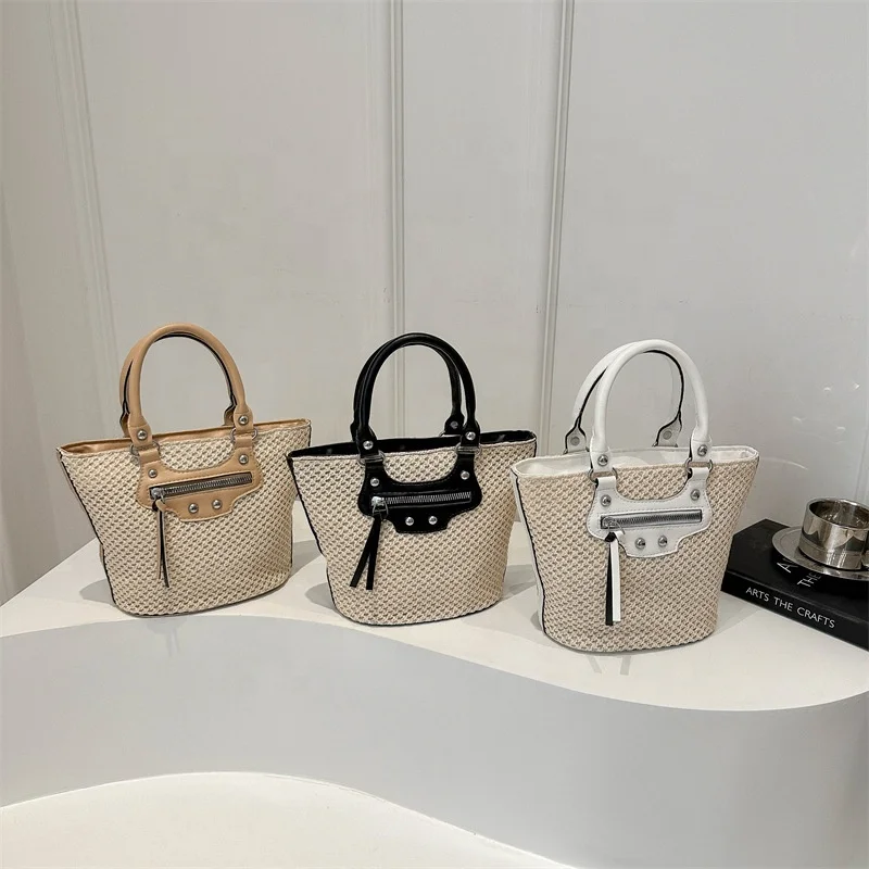Durable Using Straw Basket Bag Woven Bag Women large capacity classic printing tote bag PU Leather Strap Raffia Handbag
