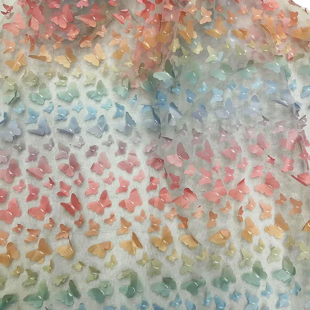 Hot sale Gradient butterfly laser 3D lace fabric embroidered lace for girls dress