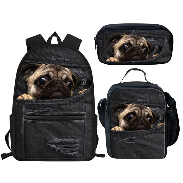 
School backpack Bag Set For Kids Cute Pug Dog Printing Personalized Custom School Bags Student Large Capacity Laptop Bookbag 